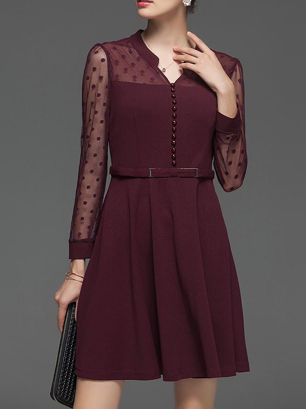 Shein Burgundy V Neck Sheer Polka Dot Belted Dress