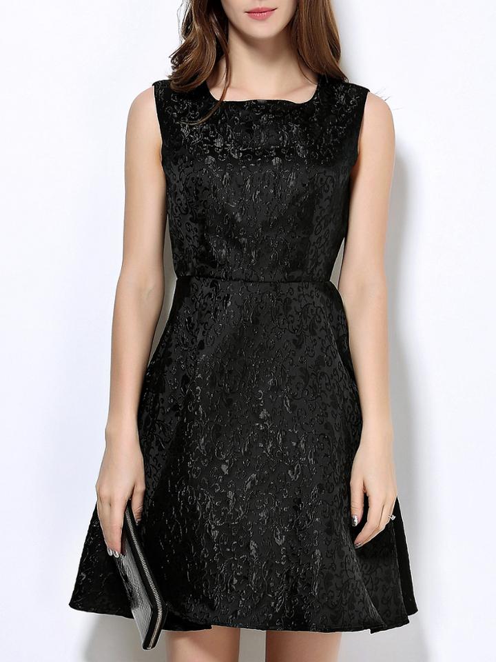 Shein Black Boat Neck Jacquard A-line Dress