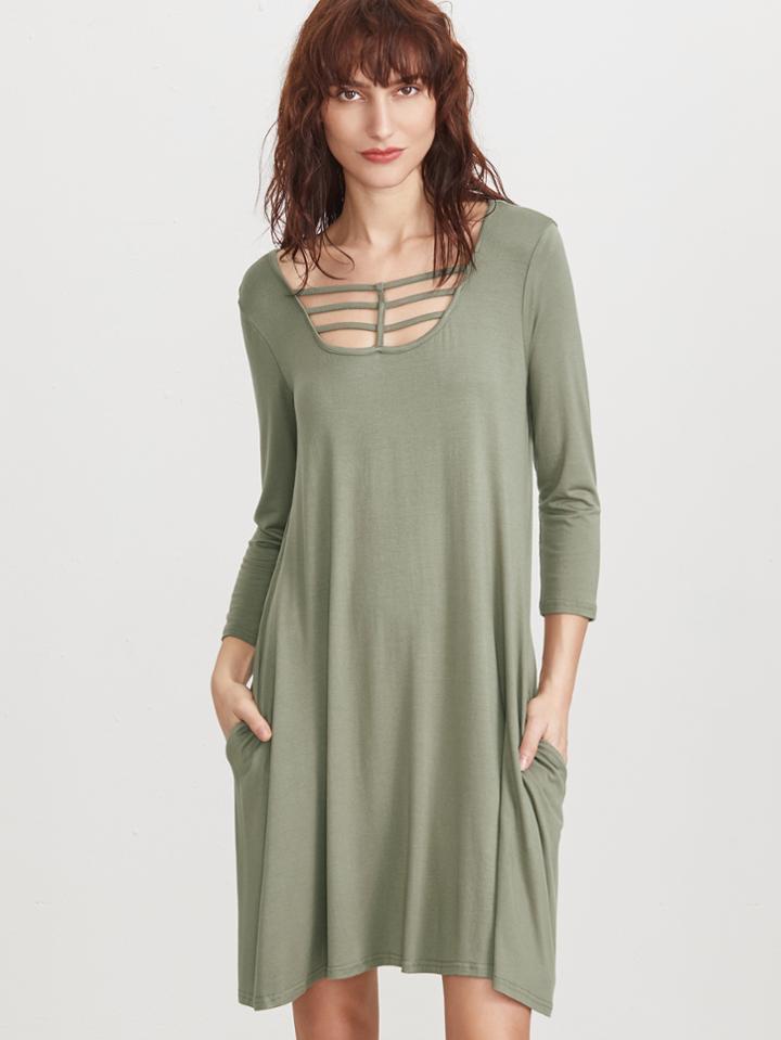 Shein Green Cut Out Front Tee Dress With Pockets