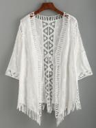 Shein White Crochet Hollow Out Fringe Lace Up Shirt