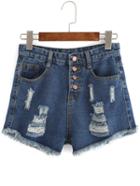 Shein Blue Ripped Frayed Single Breasted Denim Shorts
