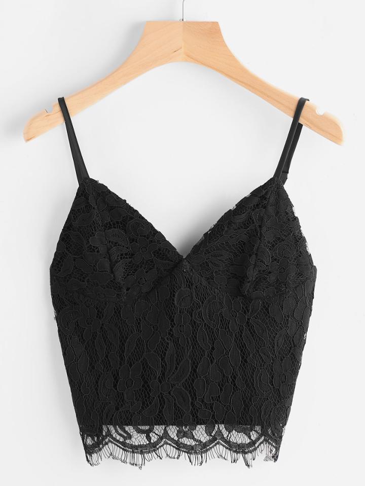 Shein Eyelash Lace Overlay Zipper Back Crop Cami Top