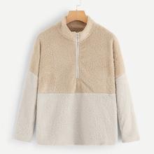Shein Color-block Zip Front Teddy Sweatshirt