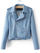 Shein Blue Faux Leather Moto Jacket With Zipper