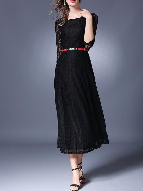 Shein Sheer Sleeve Belted A-line Dress