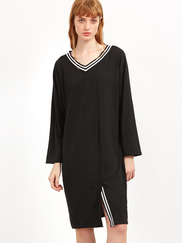 Shein Striped Trim V Neck Slit Front Tee Dress