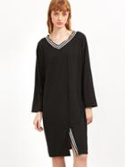Shein Striped Trim V Neck Slit Front Tee Dress