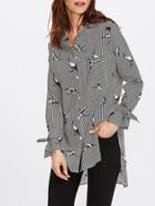 Shein Belted Cuff Mixed Print Stepped Hem Blouse