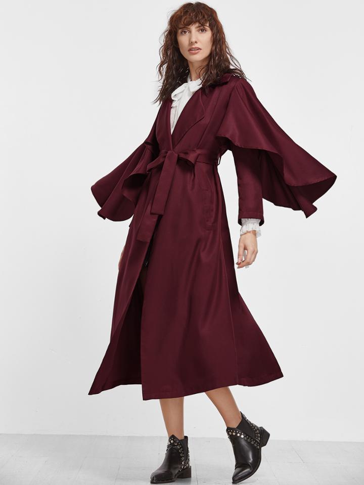 Shein Burgundy Ruffle Trim Wrap Trench Coat