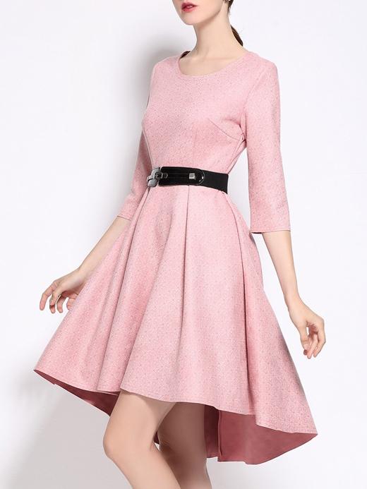 Shein Pink Crew Neck Belted High Low Dress
