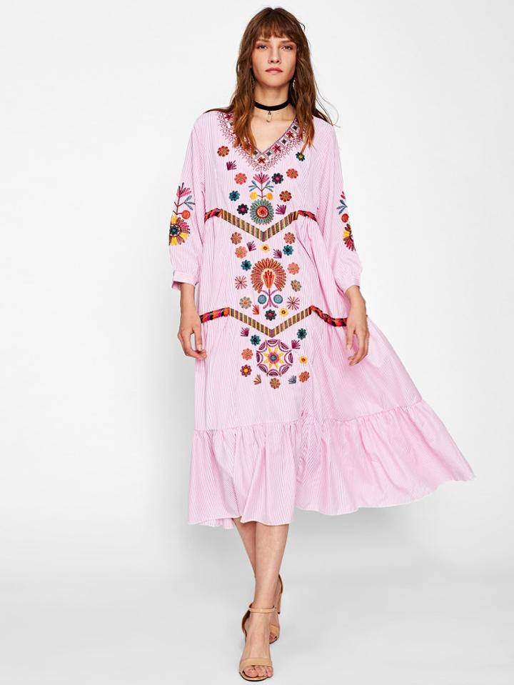 Shein Contrast Fringe Trim Embroidered Frill Hem Vertical Striped Dress