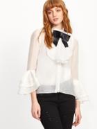 Shein White Bow Tie Neck Layered Ruffle Shirt