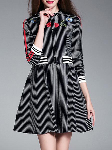 Shein Black Flowers Embroidered Striped A-line Dress