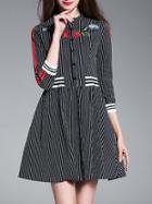 Shein Black Flowers Embroidered Striped A-line Dress