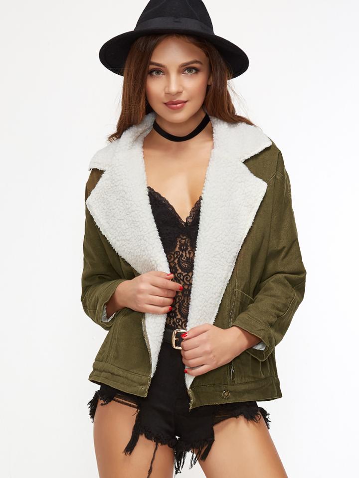 Shein Army Green Raglan Sleeve Oblique Zipper Shearling Lined Jacket