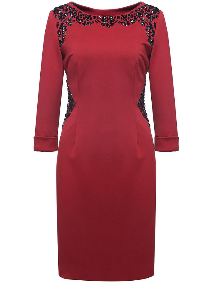 Shein Wine Red Round Neck Long Sleeve Beading Dress