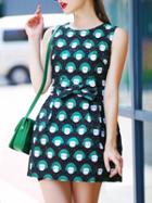 Shein Green Black Round Neck Sleeveless Bow Print Dress