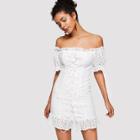Shein Grommet Lace Up Front Eyelet Embroidered Dress