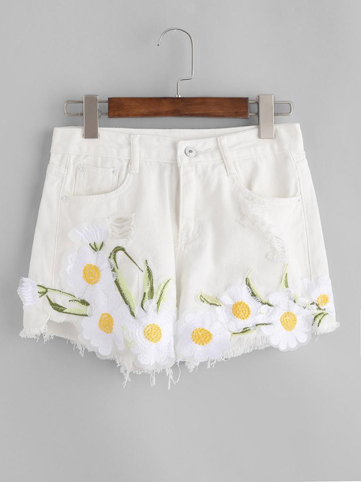 Shein Ripped Appliques Frayed Hem Denim Shorts
