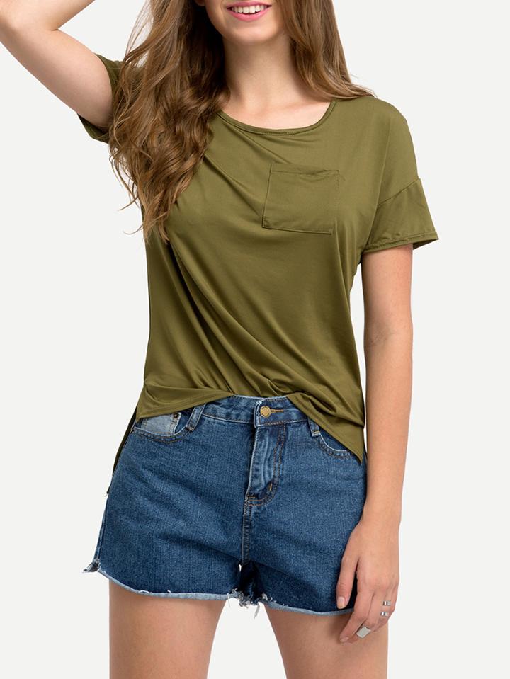 Shein Army Green Short Sleeve Pocket Loose T-shirt