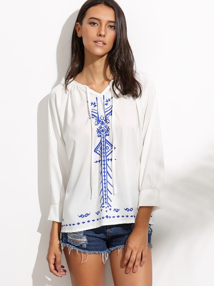 Shein White Lace Up Print Blouse