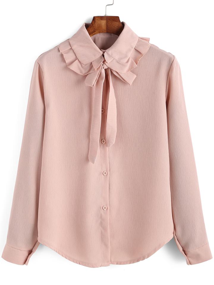 Shein Pink Bow Collar Ruched Loose Blouse