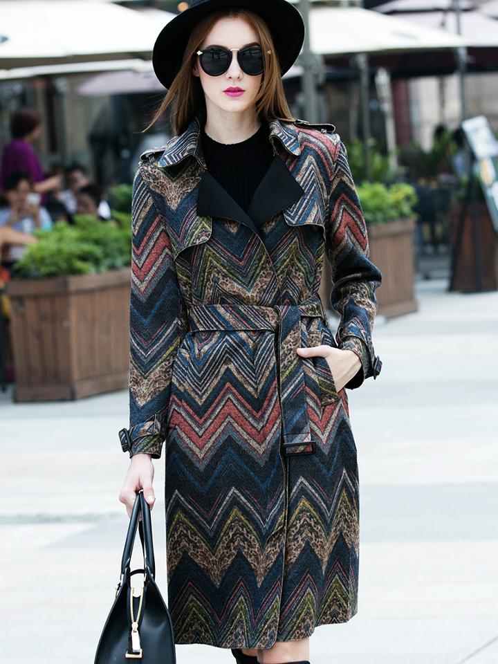 Shein Multicolor Lapel Long Sleeve Tie-waist Pockets Coat