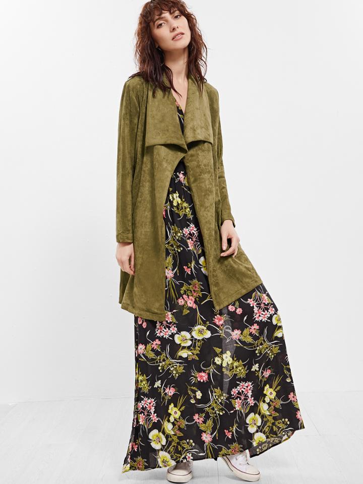 Shein Olive Green Suede Drape Collar Wrap Coat