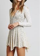 Rosewe White Long Sleeve Asymmetric Lace Dress