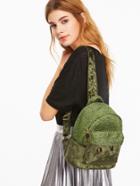 Shein Green Contrast External Pocket Velvet Backpack