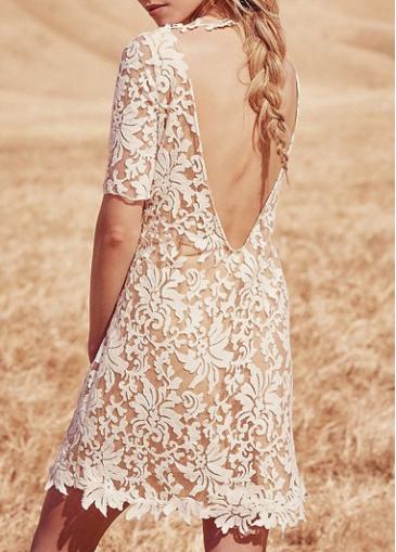 Rosewe V Back White Round Neck Lace Mini Dress
