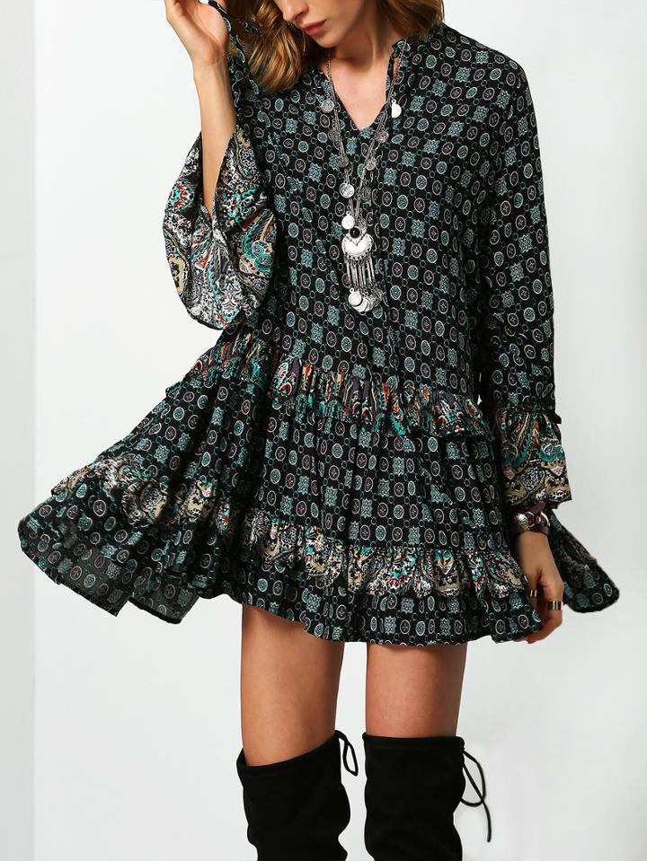 Shein Bell Sleeve Tribal Print Tiered Dress