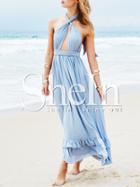 Shein Light Blue Ruffle Hem Backless Halter Maxi Dress