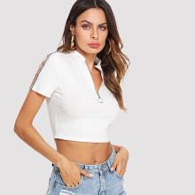 Shein Half Placket Striped Tape Detail Crop Tee