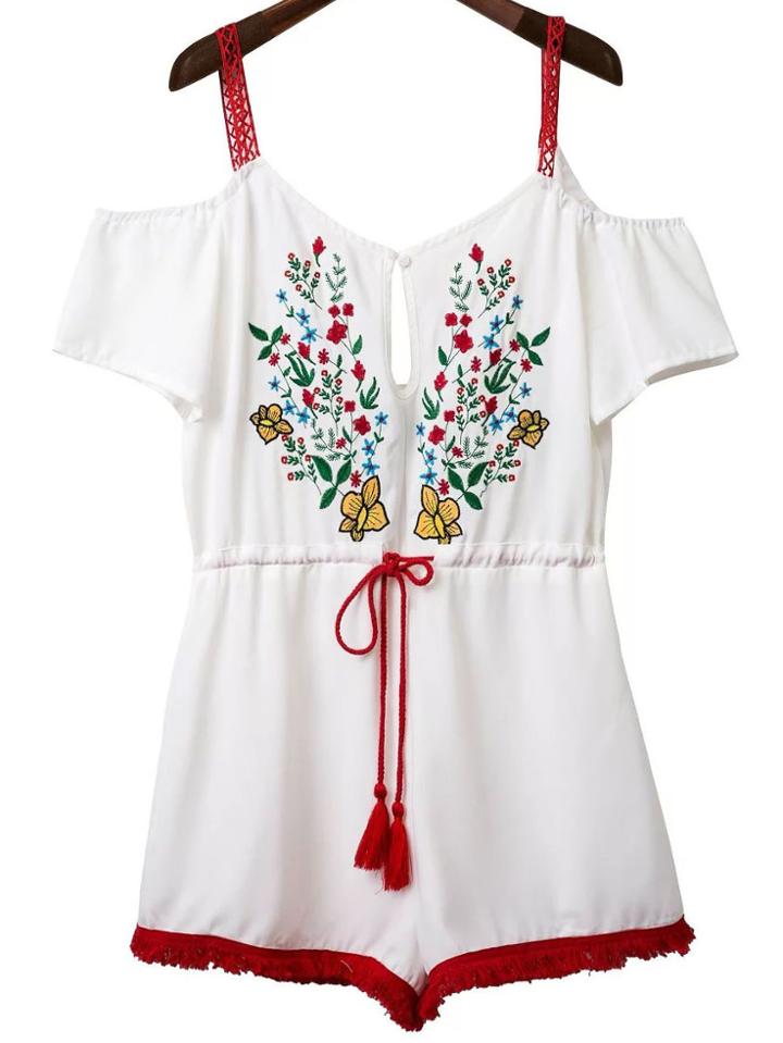 Shein White Embroidery Cold Shoulder Drawstring Romper