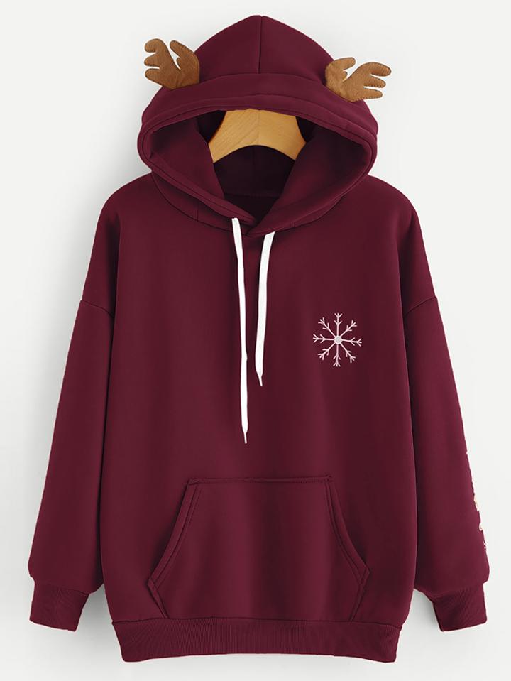Shein Elk Ear Hooded Slogan Embroidered Sweatshirt