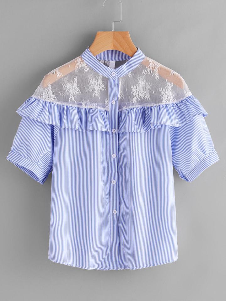 Shein Pinstripe Frill Trim Contrast Mesh Top