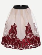 Shein Contrast Trim Flower Embroidered Mesh Overlay Skirt