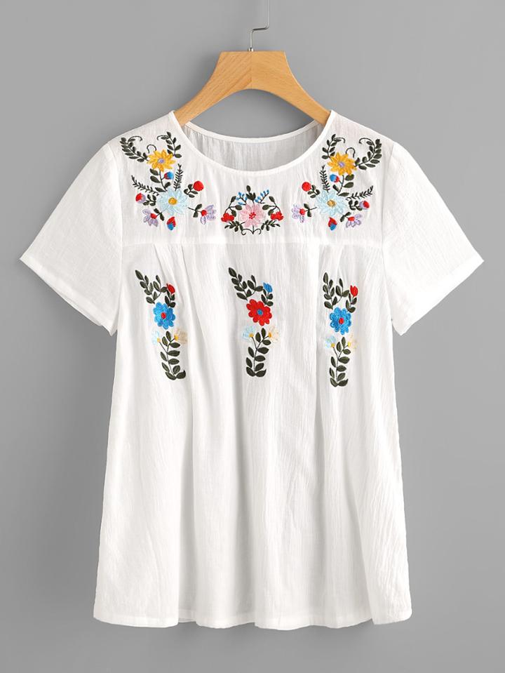 Shein Flower Embroidered Fold Pleat Back Crinkle Top