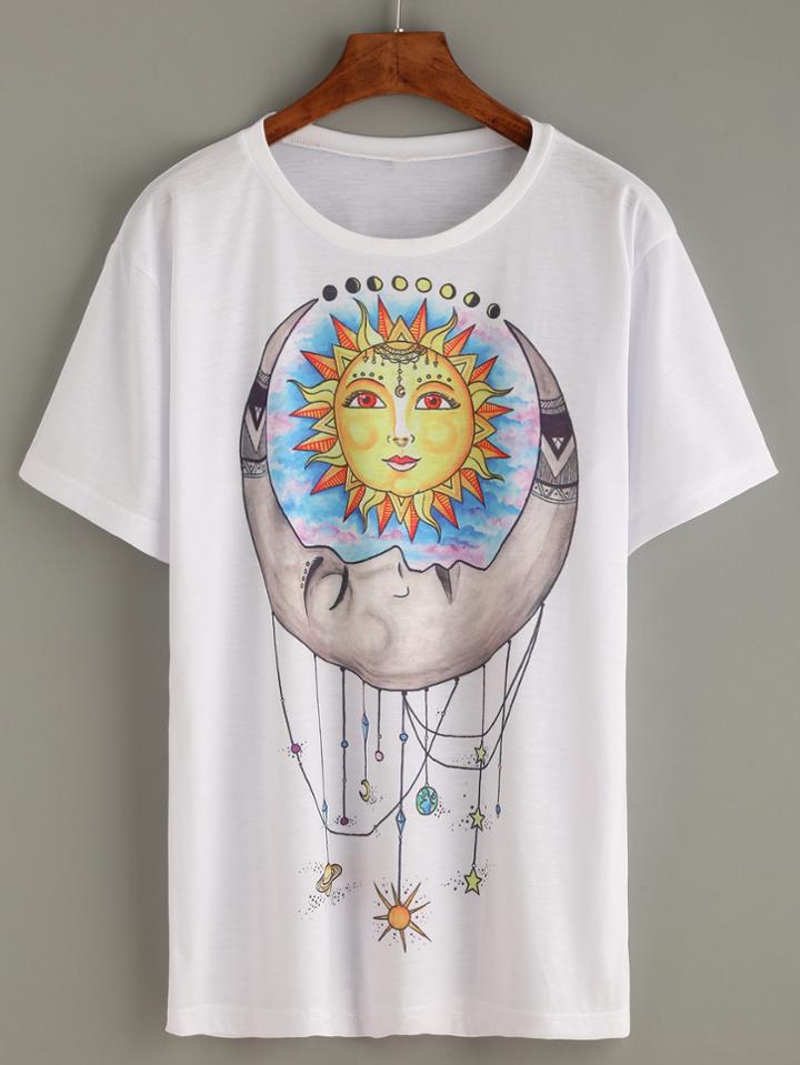 Shein White Sun Moon Tribal Print Long T-shirt