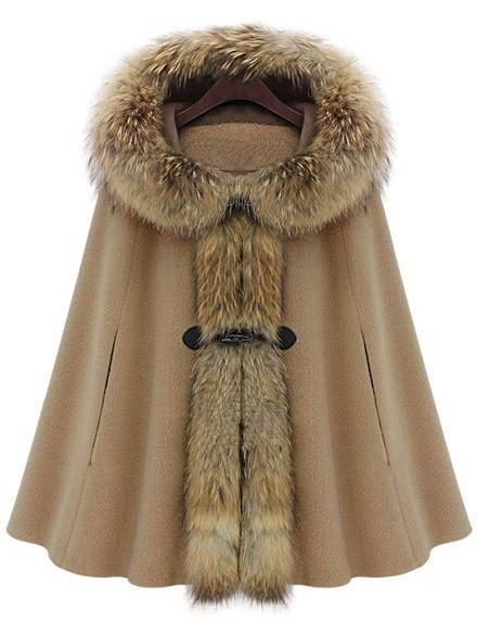 Shein Camel Fur Hooded Loose Woolen Cape