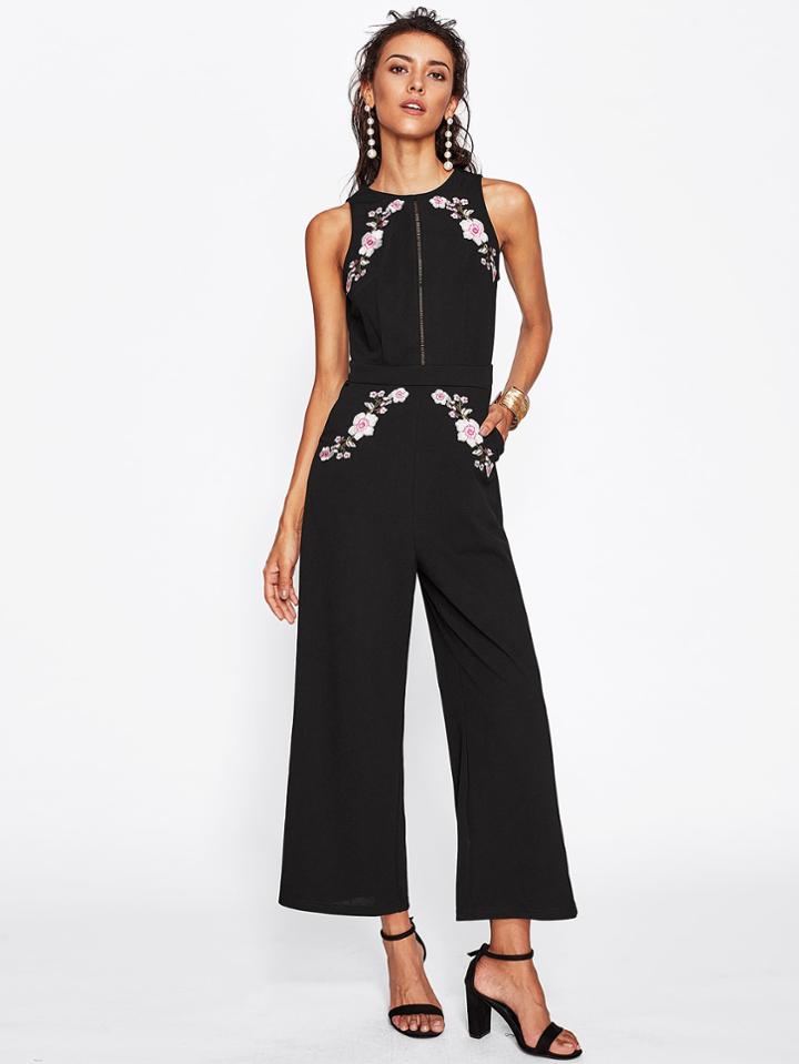 Shein Lace Insert Flower Patch Split Back Culotte Jumpsuit