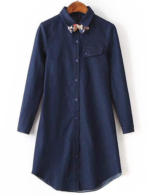 Shein Navy Lapel Bow Embellished Denim Shirt Dress
