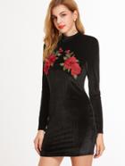 Shein Black Embroidered Flower Applique Velvet Bodycon Dress