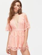 Shein Plunge Neck Scalloped Embroidered Tulle Overlay Romper