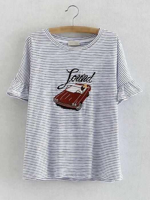 Shein Blue Stripe Bell Sleeve Car Embroidery T-shirt