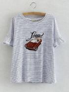 Shein Blue Stripe Bell Sleeve Car Embroidery T-shirt