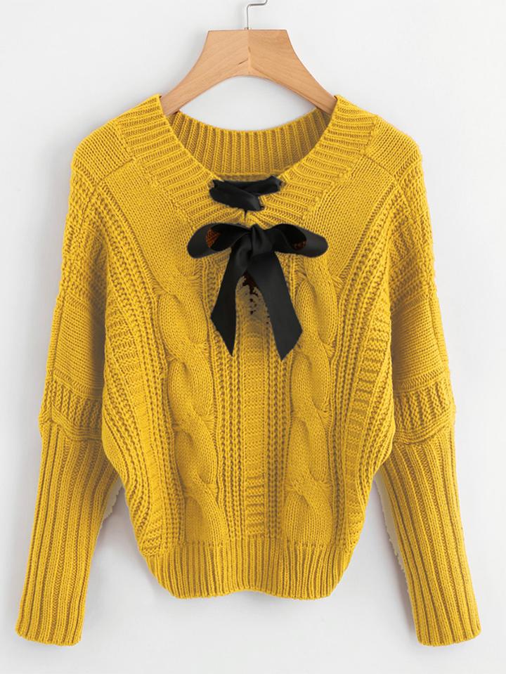 Shein Bow Detail Cable Knit Sweater