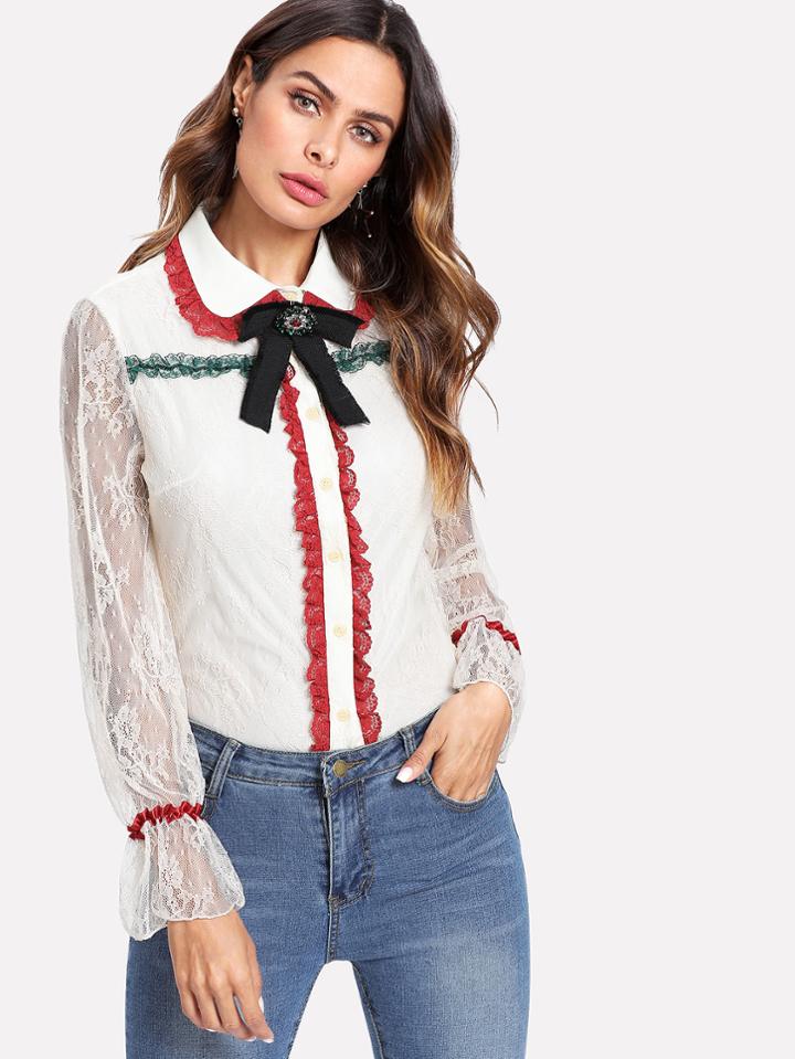 Shein Rhinestone Detail Contrast Trim Lace Shirt