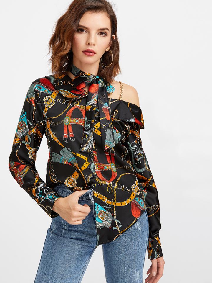 Shein Black Florals Asymmetric Cold Shoulder Neck Tie Top